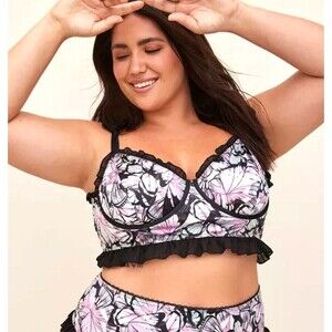 TORRID Satin Ruffle Underwire Bra Butterfly Windows Black Plus Size 6 6x 30 D DD